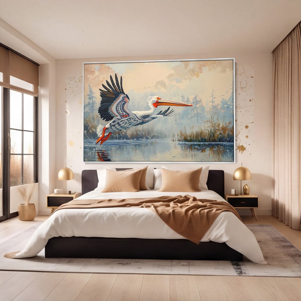 Tablou canvas cu tablou canvas cu pelican in zbor, in rama de aluminiu argintiu, pe perete intr-un dormitor